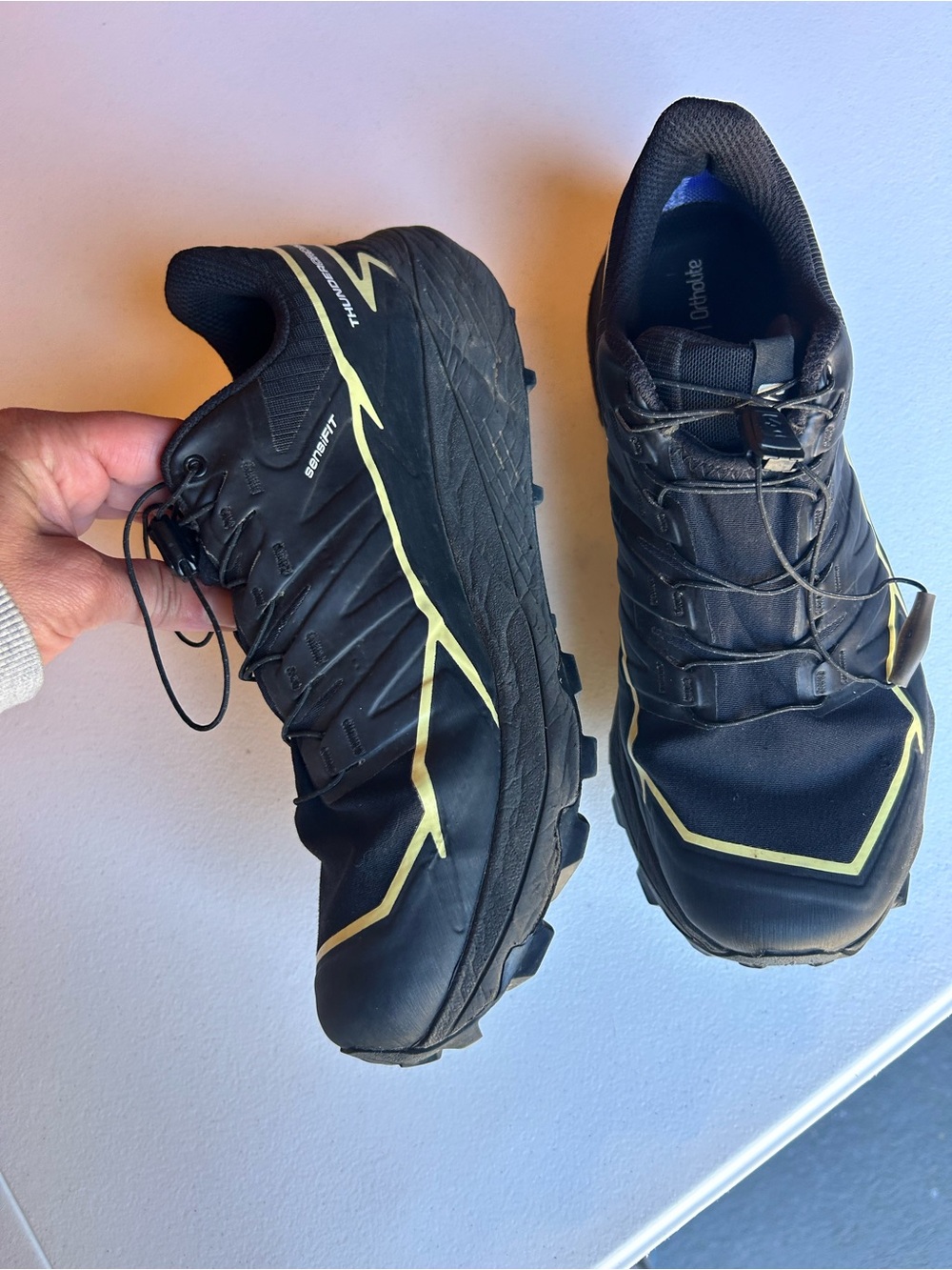 Salomon Black Athletic Trail Shoes with Yellow Trim